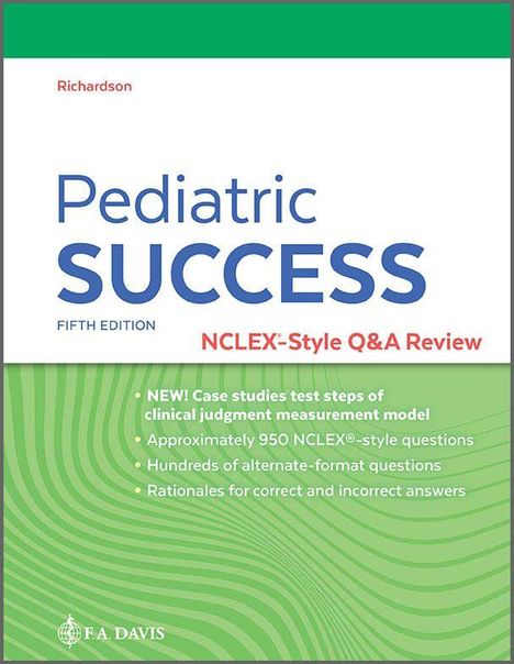 "Richardson Pediatric SUCCESS Fifth Edition NCLEX-Style Q&A Review. Grüner Hintergrund mit Buchdetails in Weiß und Grün."