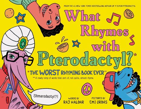 "What Rhymes with Pterodactyl?" Bunte Illustration mit lustigen, stilisierten Figuren. Lustige und verspielte Gestaltung.