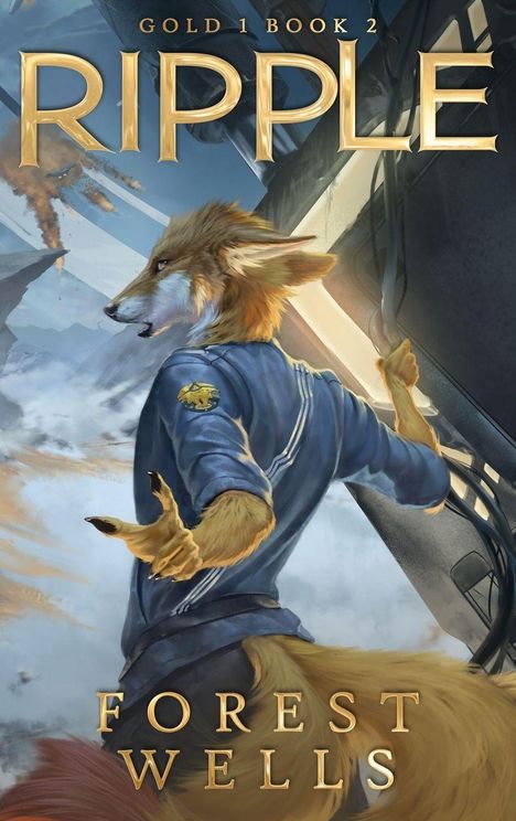 "RIPPLE - GOLD 1 BOOK 2, FOREST WELLS" Oben: humanoider Fuchs in blauer Uniform schaut zurück, Hintergrund: Himmel.