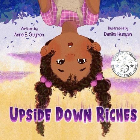 Titel: "Upside Down Riches". Gemälde eines Mädchens, das kopfüber hängt und lächelt.