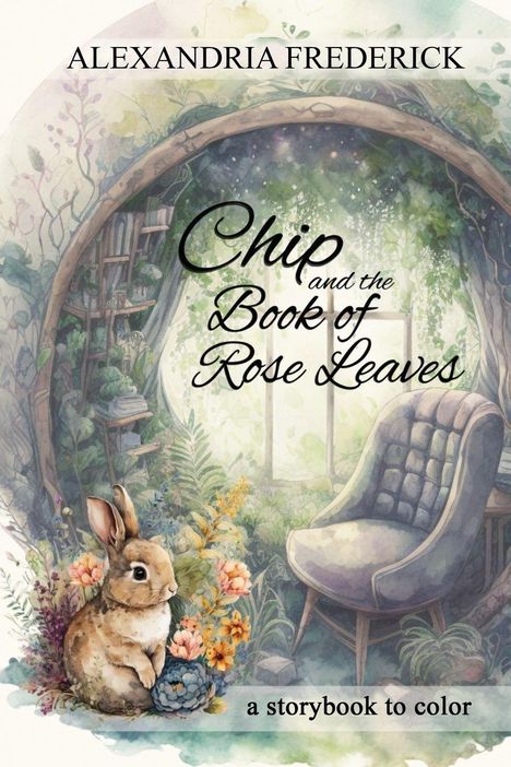„Chip and the Book of Rose Leaves“, Autorin: Alexandria Frederick. Illustration: Hase neben einem Sessel in einer blühenden Umgebung.
