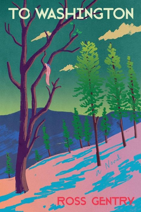 "TO WASHINGTON", "a Novel", "ROSS GENTRY". Illustration: Karger Baum, grüne Nadelbäume, Bergkulisse, US-Flagge.