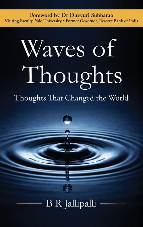 Text: "Waves of Thoughts", "Thoughts That Changed the World", "B R Jallipalli". Wassertropfen erzeugen konzentrische Kreise.
