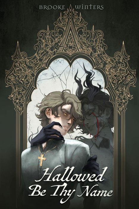 "Hallowed Be Thy Name" unten, darüber ein Mann mit Kreuzanhänger und düsterer Spiegelbild in einem verzierten Rahmen.