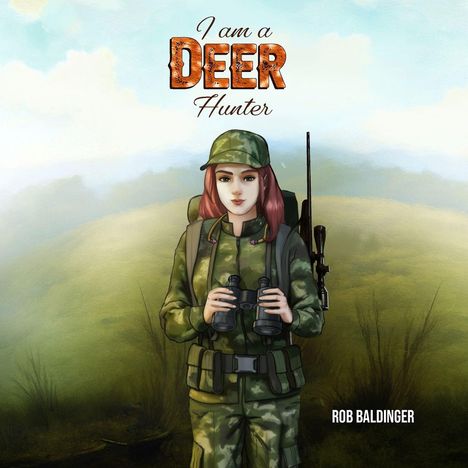 Text oben: "I am a Deer Hunter". Unten: "Rob Baldinger". Illustration von Frau in Tarnkleidung, Fernglas in den Händen.