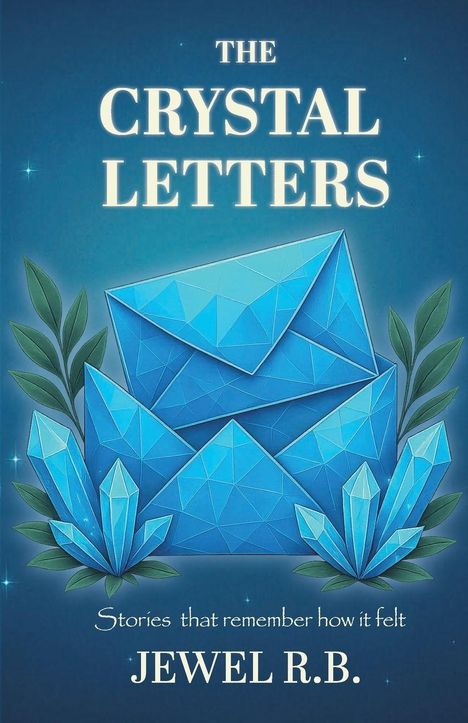 „THE CRYSTAL LETTERS“, „Stories that remember how it felt“, „JEWEL R.B.“. Kristallene Umschläge, Pflanzen und Sterne.