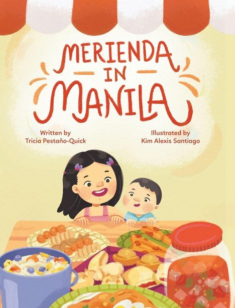 Texte beschreiben ein Buch über Merienda in Manila, Familie und Essen. Illustration zeigt bunte Häuser und einen Eiswagen.