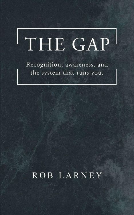Buchcover: "THE GAP. Recognition, awareness, and the system that runs you." Unten steht "ROB LARNEY". Dunkler Hintergrund.