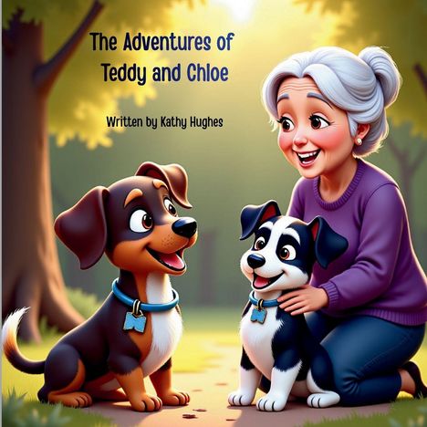 "The Adventures of Teddy and Chloe", von Kathy Hughes. Eine lächelnde Frau mit zwei fröhlichen Hunden im Wald.