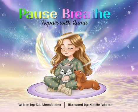„Pause Breathe Repair with Luma“. Mädchen mit Kuscheltier und Hund, umgeben von magischem Licht.
