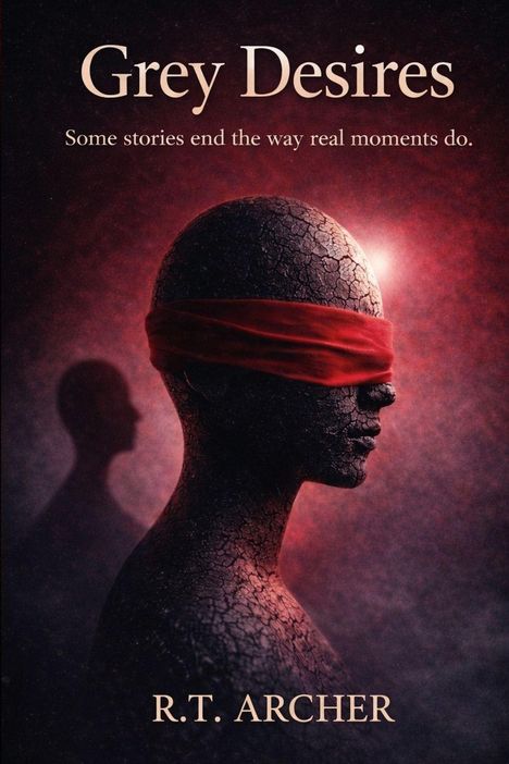 "Grey Desires. Some stories end the way real moments do. R.T. Archer." Eine Illustration: Person mit roter Augenbinde, rissige Haut.