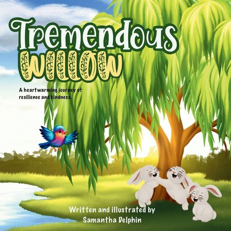 Titel: "Tremendous Willow". Ein Vogel fliegt, drei lachende Hasen unter einem Baum.