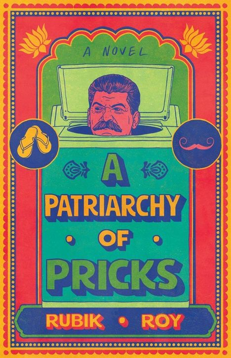 „A Patriarchy of Pricks“ und „Rubik Roy“. Illustration mit einem Mann in einem Mülleimer, bunte Verzierung.