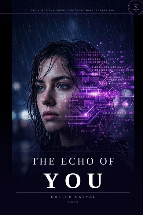 Text: "THE ECHO OF YOU", "RAJEEB SATYAL", "a novel". 

Eine Frau im Regen, lila Datenfluss-Effekte.