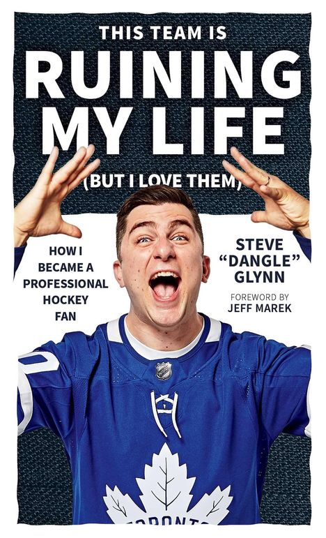 Text oben: "THIS TEAM IS RUINING MY LIFE (BUT I LOVE THEM)". Darunter ein Mann im blauen Eishockeytrikot.