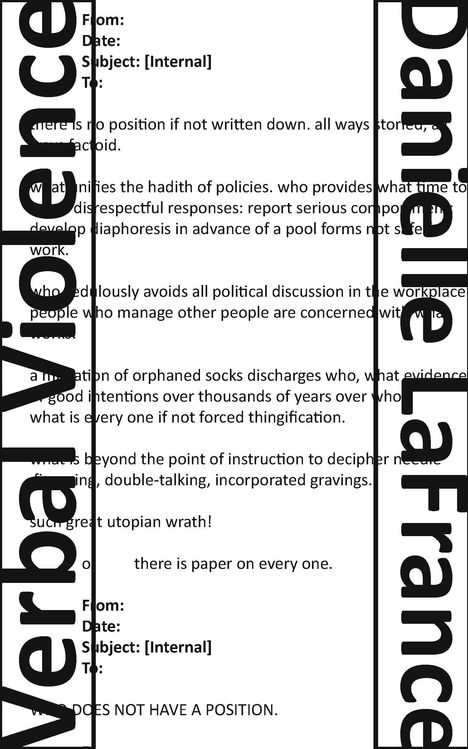 Text: "verbal violence", "Danielle LaFrance". Eine Darstellung mit Textpassagen in einem vertikalen Layout.