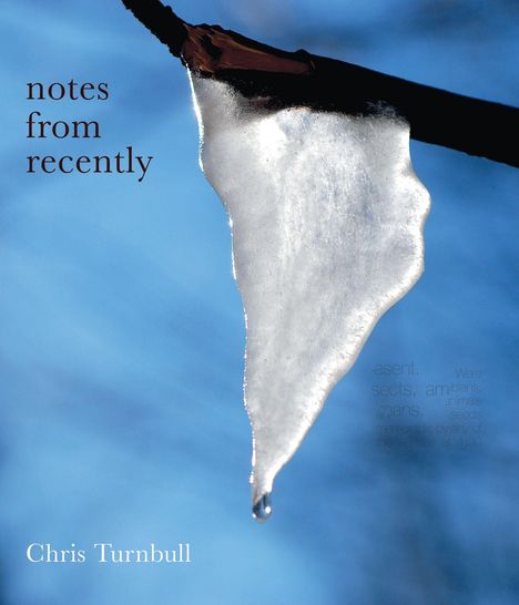 "notes from recently" und "Chris Turnbull" stehen neben einem herabhängenden Eiszapfen vor klarem, blauem Himmel.