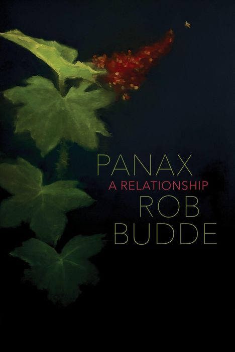 Text: "PANAX A RELATIONSHIP ROB BUDDE". Eine dunkle Illustration mit grünen Blättern und einem roten Blütenstängel.
