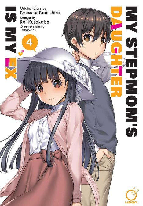 „My Stepmom's Daughter Is My Ex“ in fetten Buchstaben; Mädchen mit Hut, Junge mit verschränkten Armen, Manga-Stil.