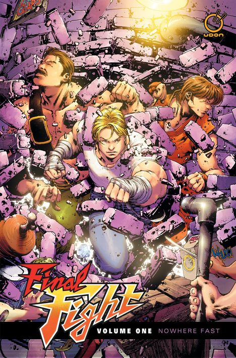 "Final Fight Volume One Nowhere Fast" steht auf einem Comic-Cover. Drei Figuren brechen durch eine Mauer aus lila Ziegeln.