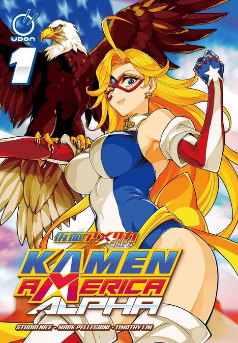 "KAMEN AMERICA ALPHA", rote und blaue Schrift. Eine blonde Heldin in Kostüm mit Weißkopfseeadler, heldenhafte Pose.