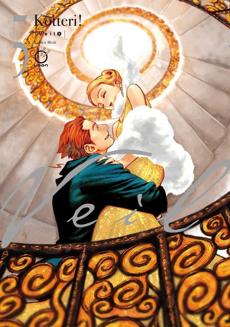 Texte: "Kotteri!", "Veil 5", "Golden Blink". Illustration: Paar in eleganter Kleidung auf einer prunkvollen Wendeltreppe.