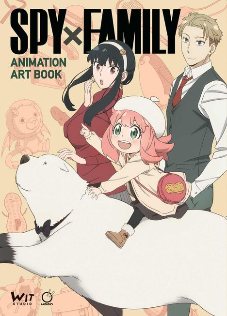 „SPY×FAMILY ANIMATION ART BOOK“. Illustration der Charaktere auf einem weißen Bären mit verspieltem Hintergrund.