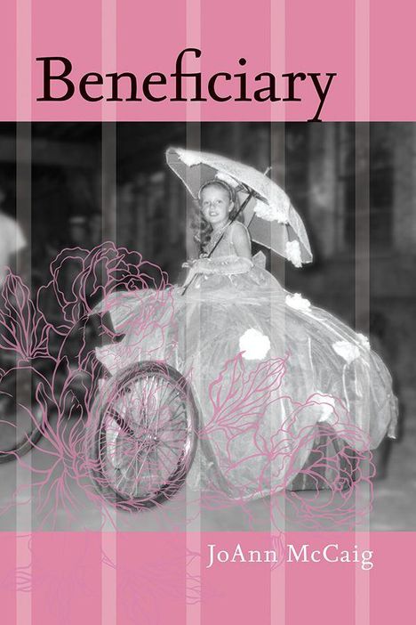 "Beneficiary" und "JoAnn McCaig" in schwarzer Schrift. Mädchen im Kleid mit Regenschirm, Fahrrad, Blumenillustration.