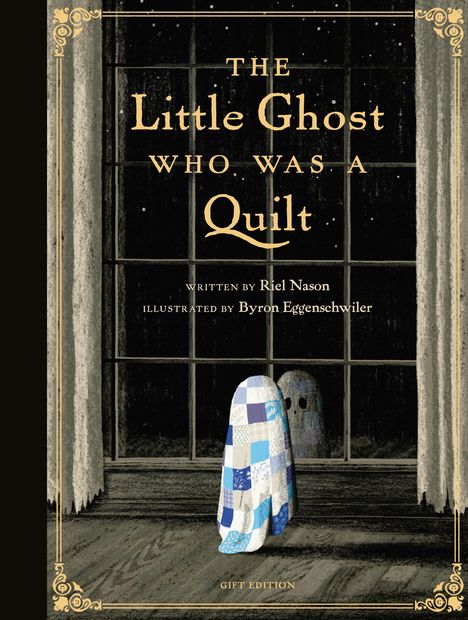 Text: "The Little Ghost Who Was a Quilt". Ein Geist in einem Patchwork-Muster steht vor einem Fenster.