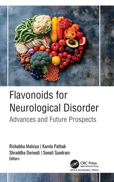 "Flavonoids for Neurological Disorder: Advances and Future Prospects." Diverse bunte Lebensmittel in Gehirnform.