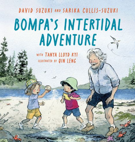 Titel: "Bompa's Intertidal Adventure". Illustration zeigt zwei Kinder und einen älteren Mann, die am Strand Muscheln entdecken.
