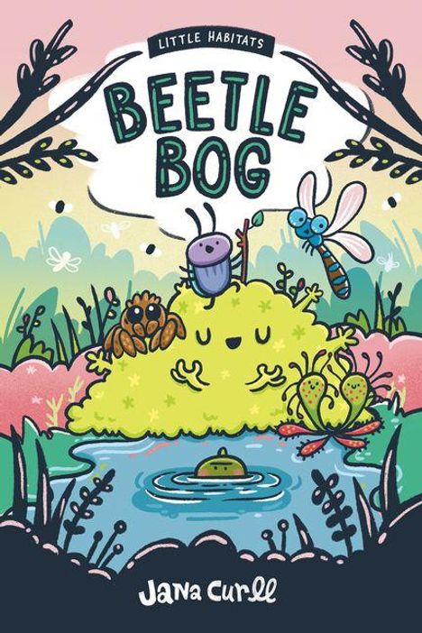 Text: "Little Habitats Beetle Bog". Illustration mit bunten Insekten auf einem Hügel neben einem Teich.