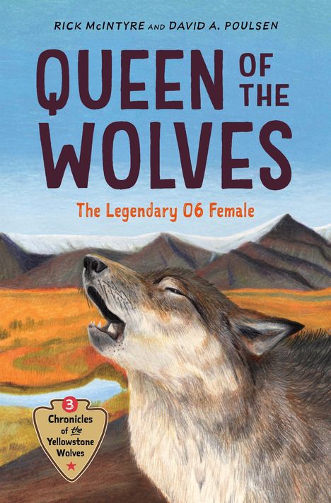 Titel: "QUEEN OF THE WOLVES". Illustration eines heulenden Wolfes vor einer farbigen Landschaft mit Bergen.