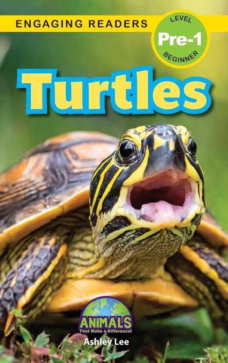 "Engaging Readers: Turtles, Level Pre-1 Beginner, Ashley Lee." Eine Schildkröte mit offenem Mund, im Hintergrund grüne Natur.