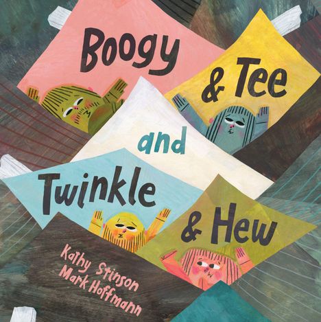 „Boogy & Tee and Twinkle & Hew“. Bunte Fahnen und stilisierte Gesichter in einer verspielten Illustration.