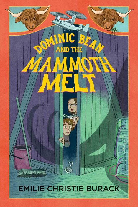 "Dominic Bean and the Mammoth Melt" von Emilie Christie Burack. Eine Illustration: Zwei Kinder schauen aus einer Spaltentür.