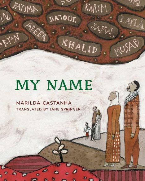 Text: MY NAME, MARILDA CASTANHA, TRANSLATED BY JANE SPRINGER. Illustration: Menschen, Hügel, Blume, Namen in Steinen.