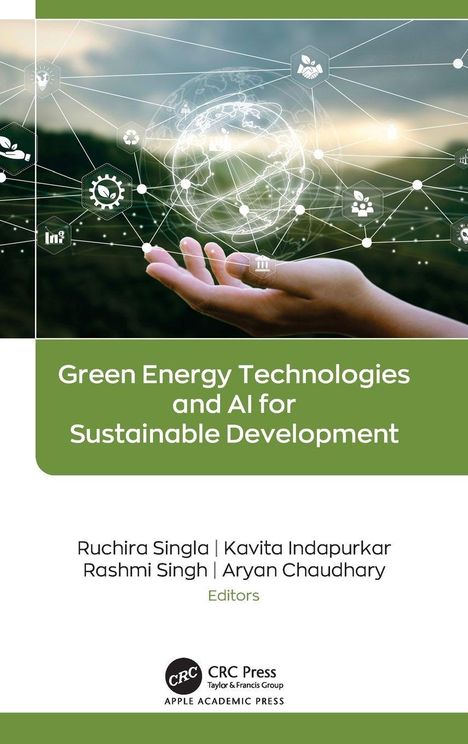 "Green Energy Technologies and AI for Sustainable Development" steht über einer Hand mit technologischen Symbolen.