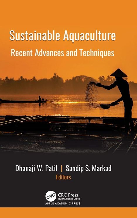 „Sustainable Aquaculture: Recent Advances and Techniques“. Silhouette einer Person beim Streuen von Futter am Wasser.