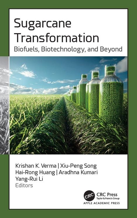 Titel: Sugarcane Transformation. Farbfoto von Zuckerrohrfeld und großen Flaschen, gefüllt mit grünen Pellets.
