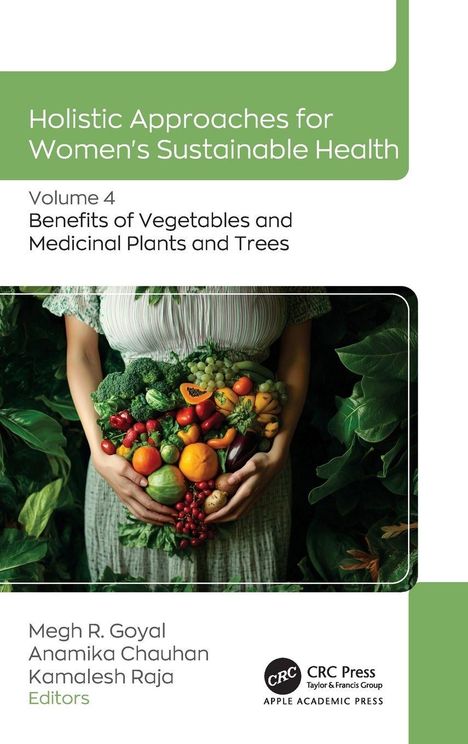 "Holistic Approaches for Women's Sustainable Health." Eine Person hält eine Vielfalt an Obst und Gemüse vor sich.