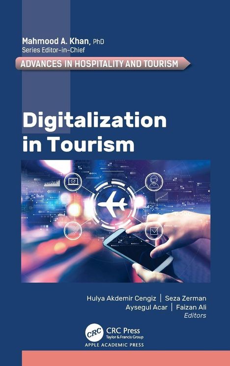 "Digitalization in Tourism", mit Flugzeugsymbol und Smartphone, auf blauem Hintergrund, dekoriert mit digitalen Icons.