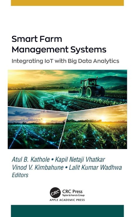 "Smart Farm Management Systems: Integrating IoT with Big Data Analytics." Illustration von Feldern und Traktor.