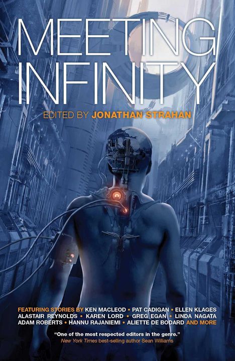 "MEETING INFINITY" von Jonathan Strahan. Cyborg-Figur in futuristischer Stadt mit Kabeln und runder Öffnung über Kopf.
