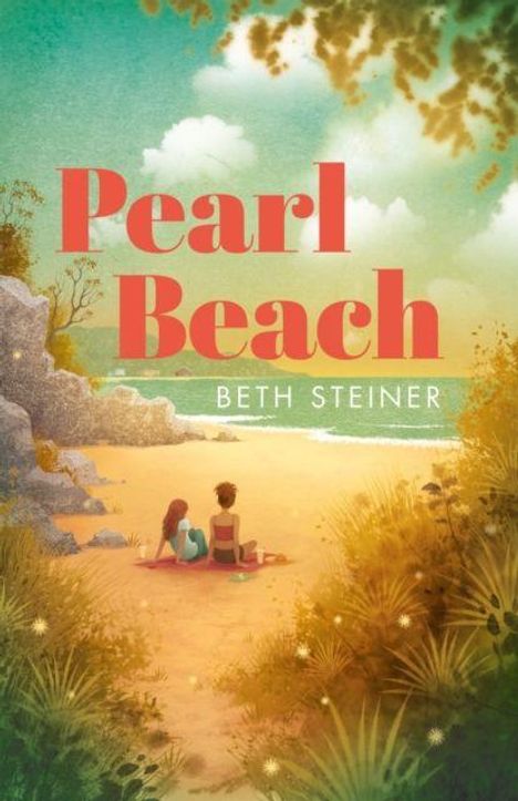 "Pearl Beach" und "Beth Steiner". Illustration zeigt zwei Personen am Strand, umgeben von Bäumen, Felsen und Meer.