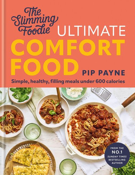 „The Slimming Foodie“ und „ULTIMATE COMFORT FOOD“. Pip Payne. Teller mit Spaghetti und Hackbällchen, Focaccia und Basilikumblätter.