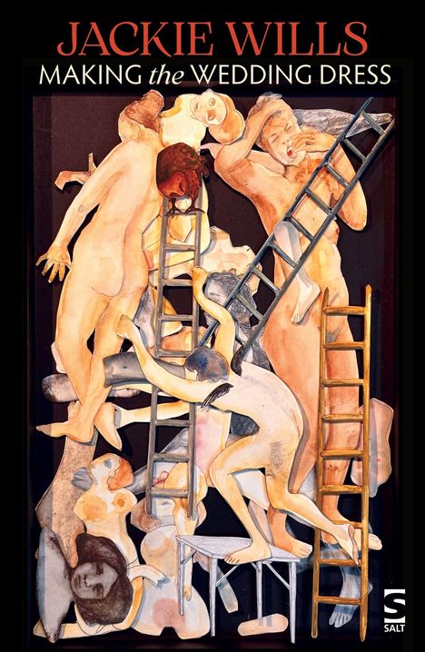 "Jackie Wills - Making the Wedding Dress." Eine künstlerische Illustration mit nackten Figuren und Leitern.