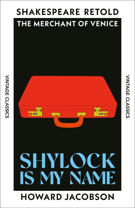 "Shylock Is My Name" von Howard Jacobson. Illustration mit einem roten Koffer auf schwarzem Hintergrund.