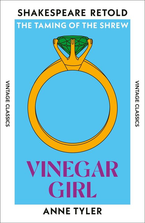 "VINEGAR GIRL", Anne Tyler; oben "SHAKESPEARE RETOLD", "THE TAMING OF THE SHREW"; Illustration eines goldenen Rings.