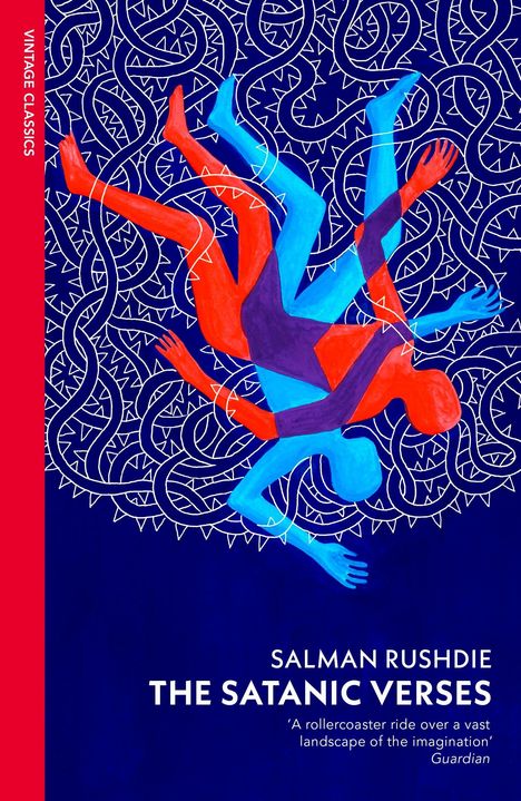 "VINTAGE CLASSICS" links. "SALMAN RUSHDIE, THE SATANIC VERSES" mittig. Illustration von zwei fallenden Figuren.